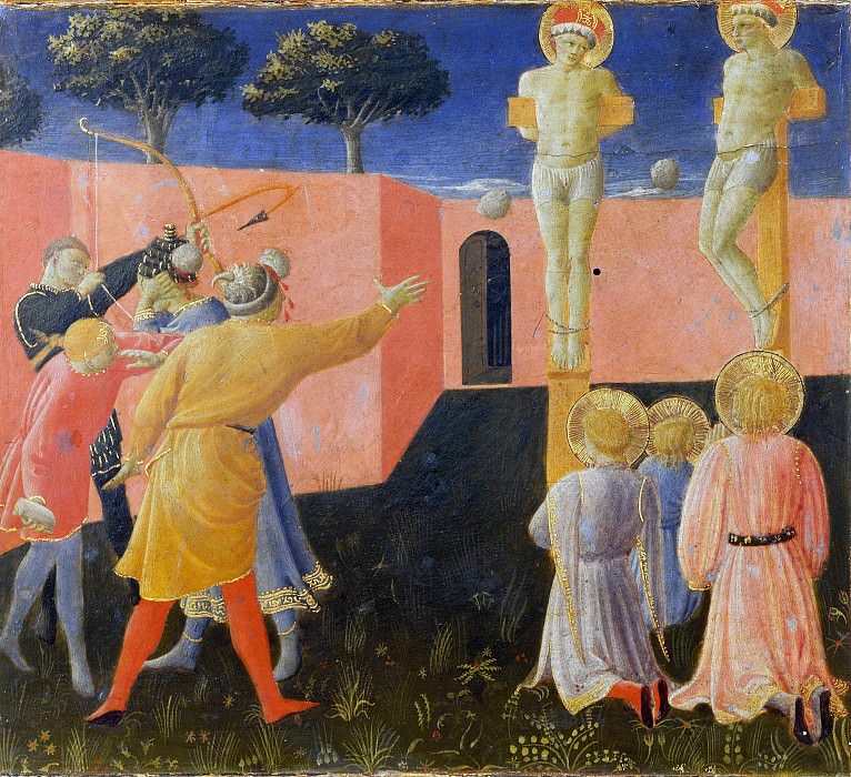 Annalena Altarpiece, predella – Saints Cosmas and Damian, Crucifixion, Fra Angelico