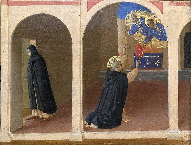 5 Cortona Polyptych, predella – Meeting of St Dominic and St Francis, St Dominic receives the book, Fra Angelico