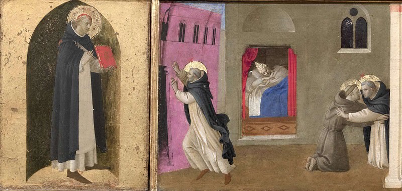 4 Кортонский полиптих, пределла – Святой Петр Мученик, Сон папы Иннокентия III и Встреча святого Доминика со святым Франциском
