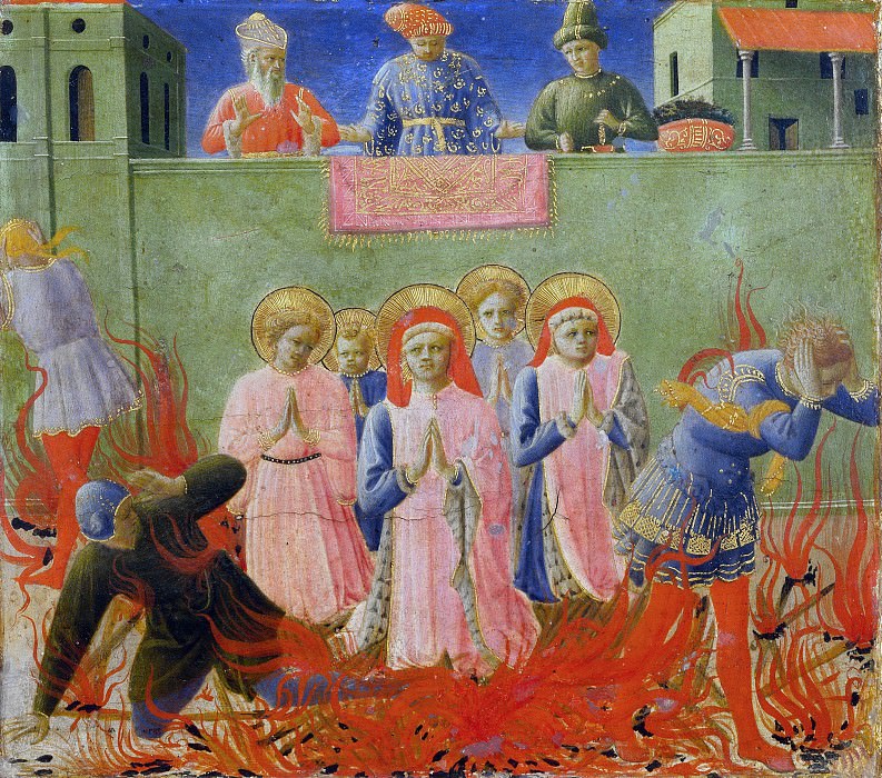 Annalena Altarpiece, predella – Saints Cosmas and Damian burning at the stake, Fra Angelico