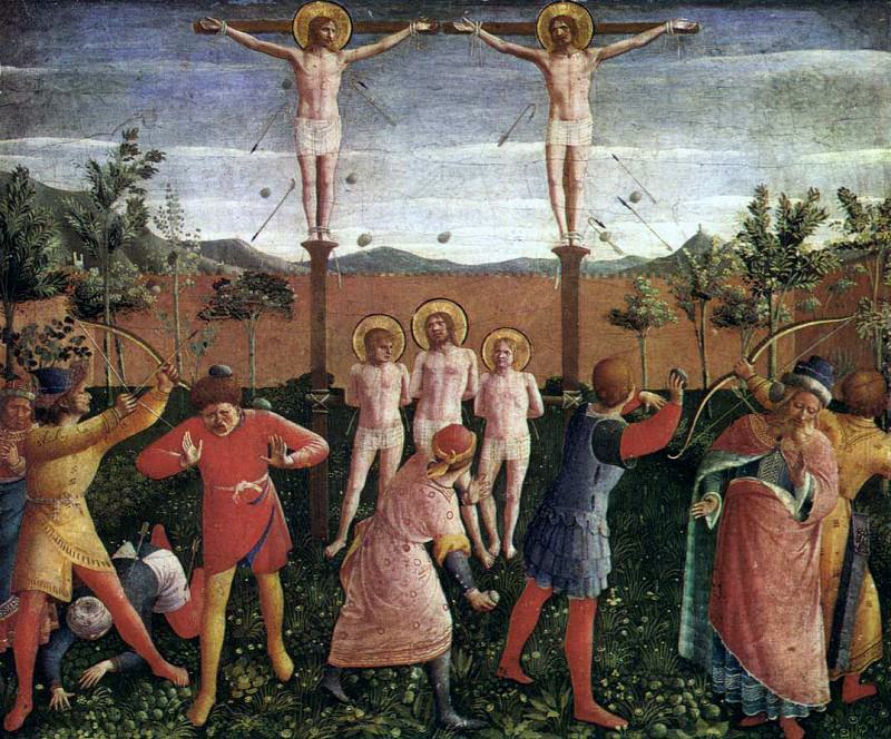 San Marco altarpiece, predella – Saint Cosmas and Saint Damian Crucifixed and Stoned, Fra Angelico