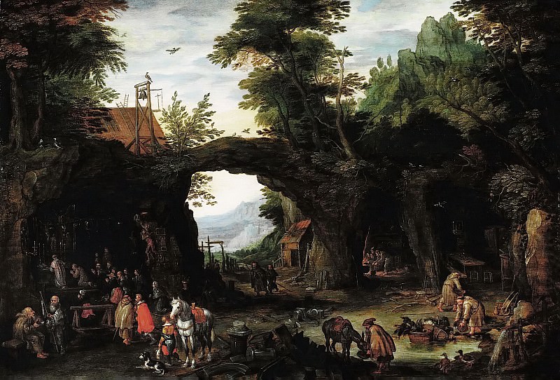 Landscape with the Catholic Mass in the grotto , Jan Brueghel the Younger