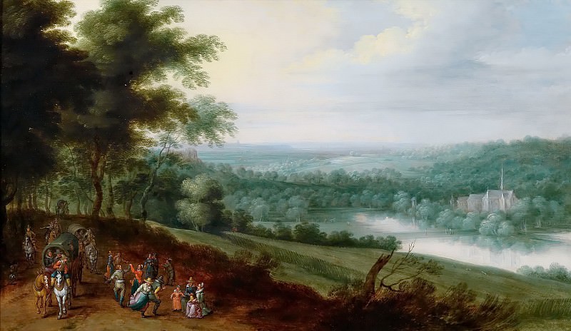 Landscape with dancing peasants and travelers, Jan Brueghel the Younger