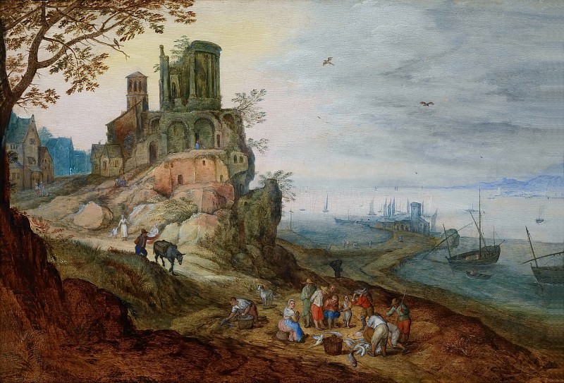 Port landscape with ruins, Jan Brueghel the Younger