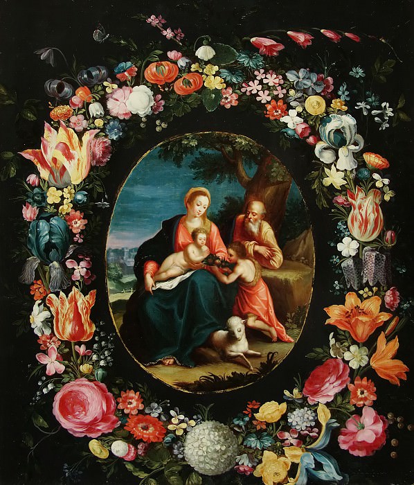 The Holy Family with John the Baptist in the floral garland, Jan Brueghel the Younger