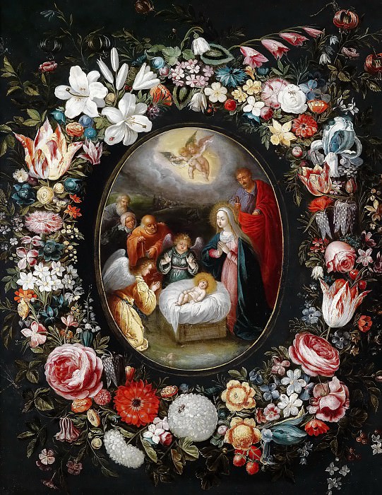 Nativity in a flower garland, Jan Brueghel the Younger