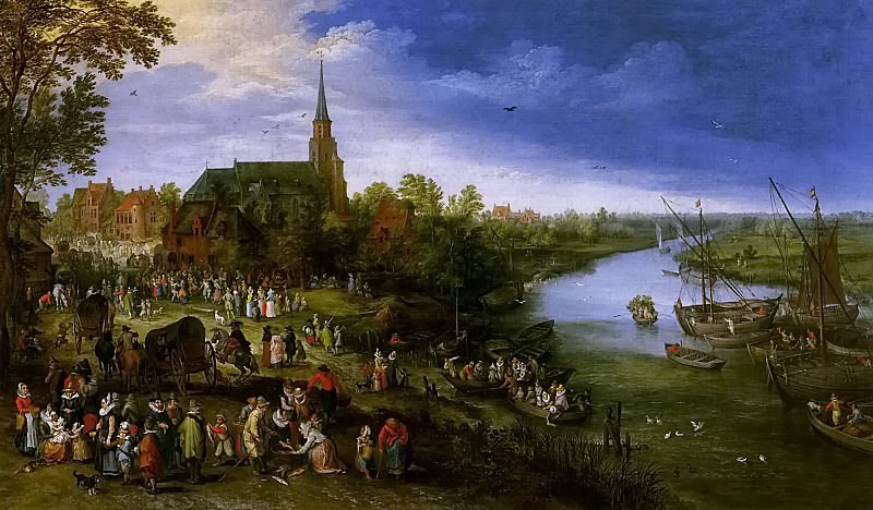 A river landscape with fair, Jan Brueghel the Younger