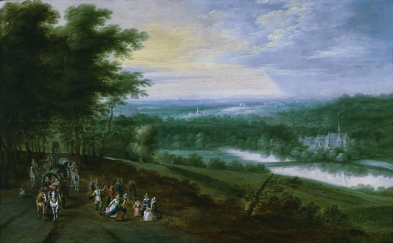 Речной пейзаж с путниками и танцующими крестьянами на дороге , Ян Брейгель Младший