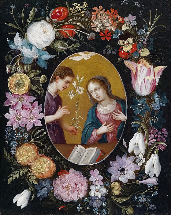 Annunication to the Virgin within a wreath of flowers, Jan Brueghel the Younger