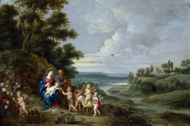 Пейзаж со Святым Семейством, маленьким Иоанном Крестителем, ангелочками и агнцем , Ян Брейгель Младший
