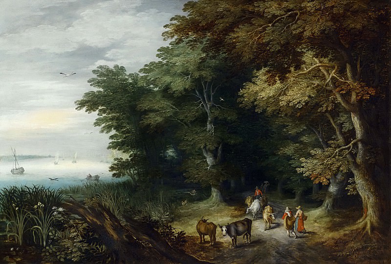 DROVERS AND TRAVELLERS ON A PATH AT THE MARGIN OF A FOREST, Jan Brueghel the Younger