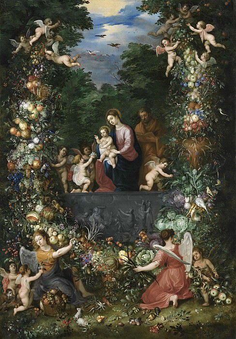 Святое Семейство в обрамлении гирлянды из цветов, фруктов и овощей, украшаемой ангелами , Ян Брейгель Младший
