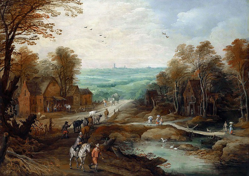 AN AUTUMN LANDSCAPE WITH TRAVELLERS AND HERDSMEN ON A PATH, Jan Brueghel the Younger