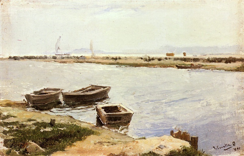 Three Boats By A Shore, Joaquin Sorolla y Bastida