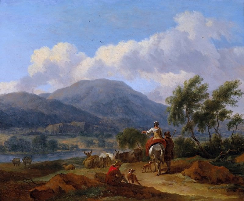 Mountain landscape with two shepherds and a shepherdess and herd
