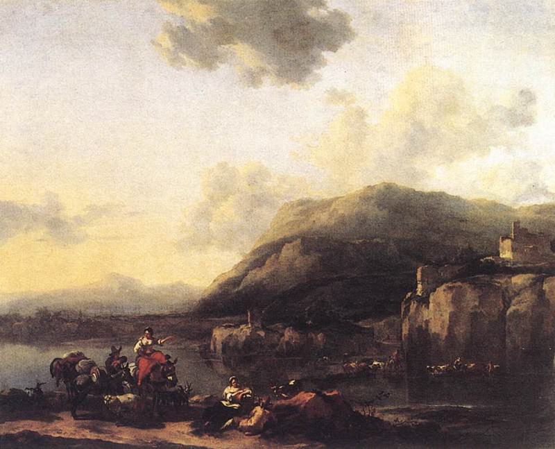 Пейзаж с мулами близ брода, Николас Питерс Берхем