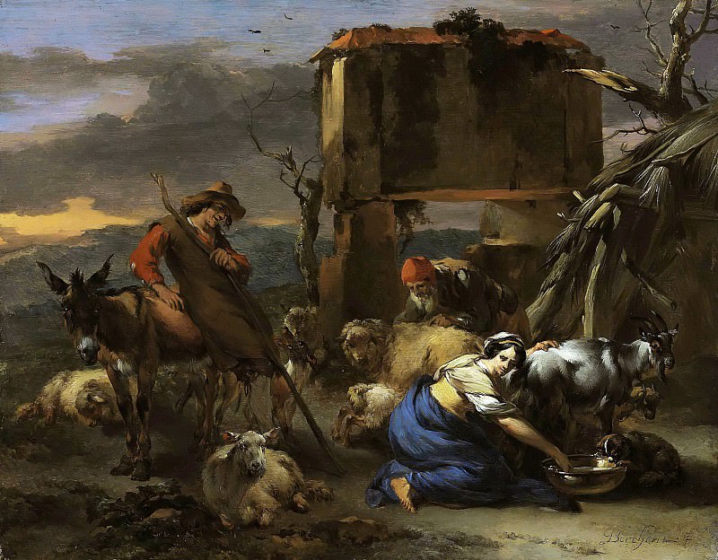 A shepherdess milking a goat, a peasant shearing a sheep, Nicolaes (Claes Pietersz.) Berchem