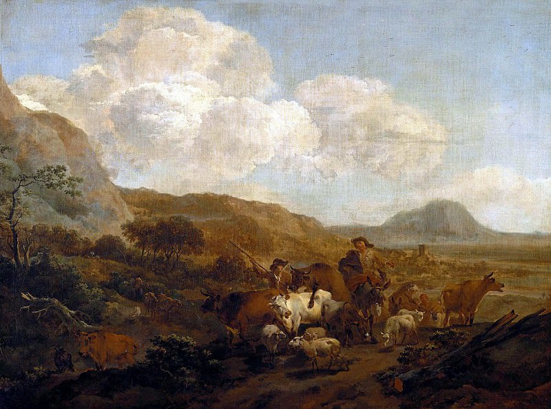 Two shepherd leading a flock