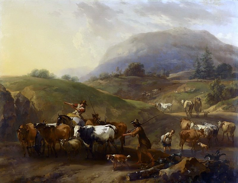 Mountainous landscape with herdsmen driving cattle