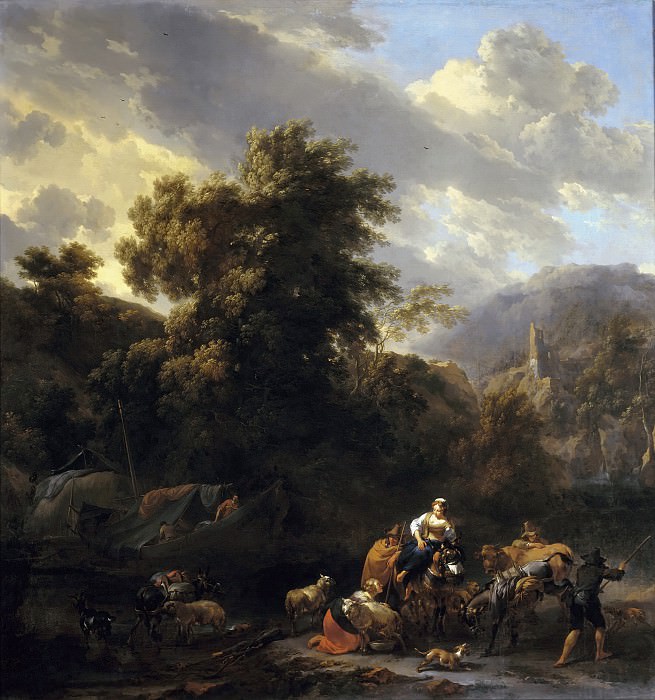Italianate landscape with figures and pack animals at a riverbank, Nicolaes (Claes Pietersz.) Berchem