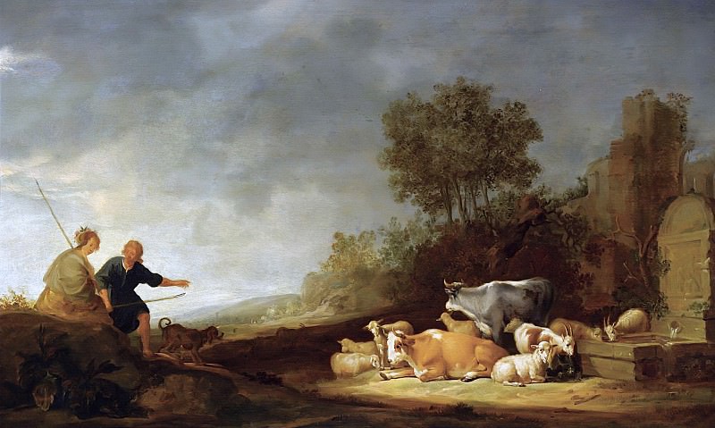 Landscape With A Shepherd And A Shepherdess Resting With Their Cattle By A Watering Place, Nicolaes (Claes Pietersz.) Berchem