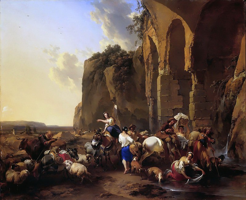 Italian landscape with shepherds and herd at the Roman ruins, Nicolaes (Claes Pietersz.) Berchem