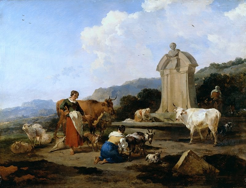 Крестьяне с домашним скотом у древнеримского источника, Николас Питерс Берхем