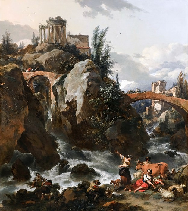 Landscape with a waterfall and the Temple of the Sibyl at Tivoli, Nicolaes (Claes Pietersz.) Berchem