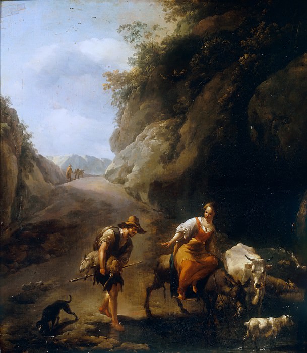 Горный итальянский пейзаж с женщиной на осле и пастухом, Николас Питерс Берхем