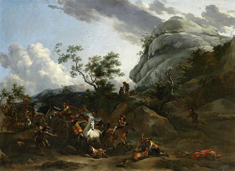 A mountainous landscape with travellers being ambushed, Nicolaes (Claes Pietersz.) Berchem