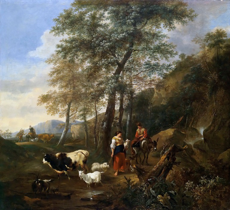 A rocky wooded landscape with peasants and their livestock, Nicolaes (Claes Pietersz.) Berchem