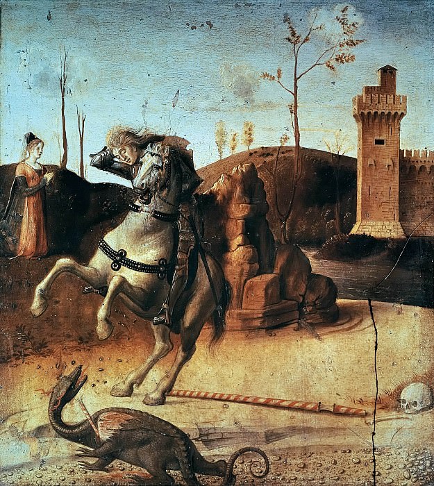 Pesaro Altarpiece, detail – St George killing the dragon, Giovanni Bellini