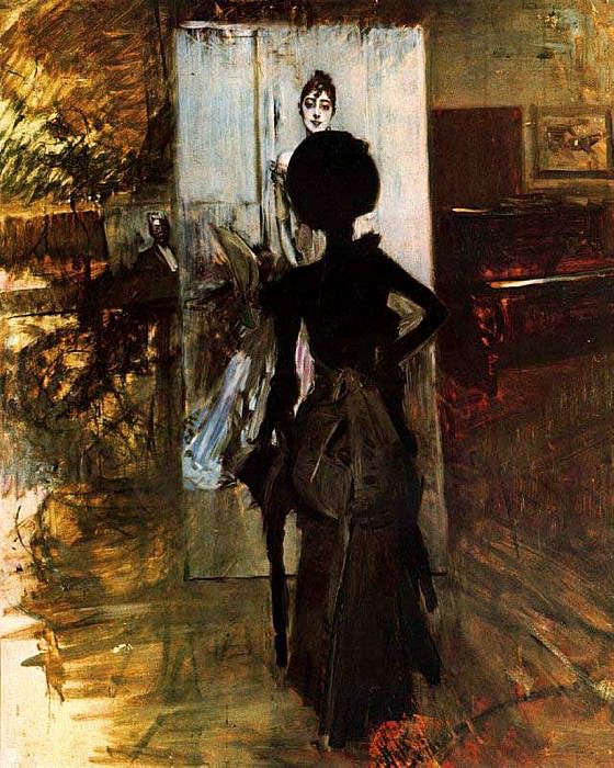  Женщина в черном рассматривает пастельный портрет синьоры Кончи де Осса, 1888, Джованни Больдини