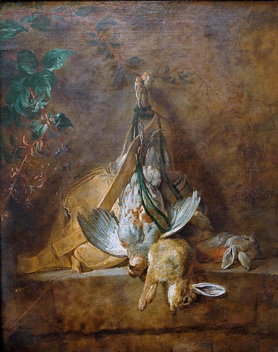 Two rabbits, a partridge and hunting pouch