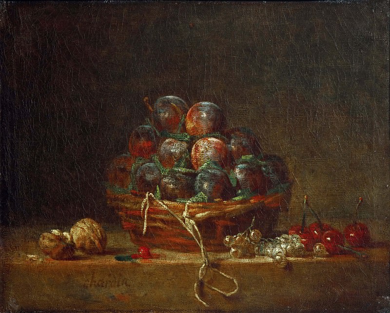 Корзинка со сливами, орехи, смородина и вишни, Жан-Батист Симеон Шарден