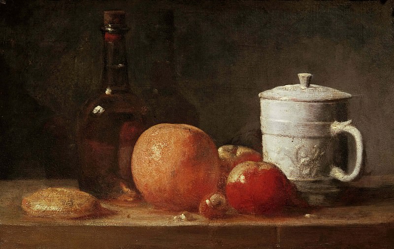 Still life with fruit, glass bottle and fayence pottery