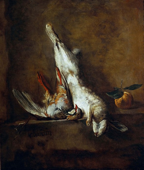 Dead hare with red partridge