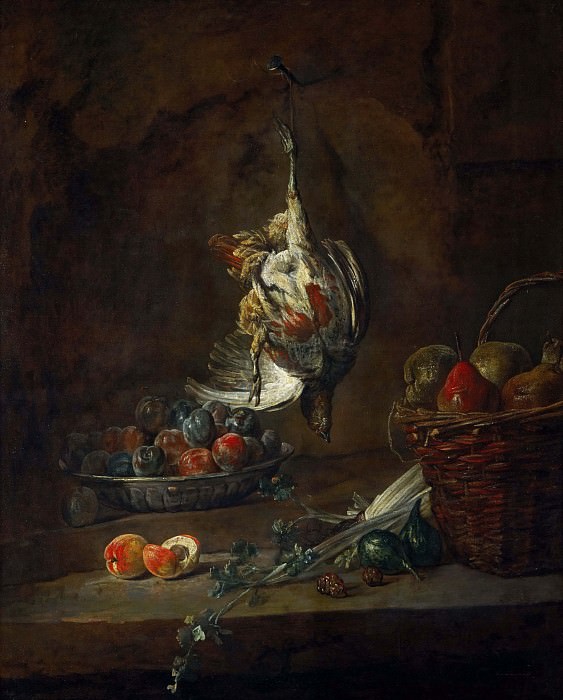 Dead Partridge Hung by One Leg, Bowl with Prunes, and a Basket with Pears
