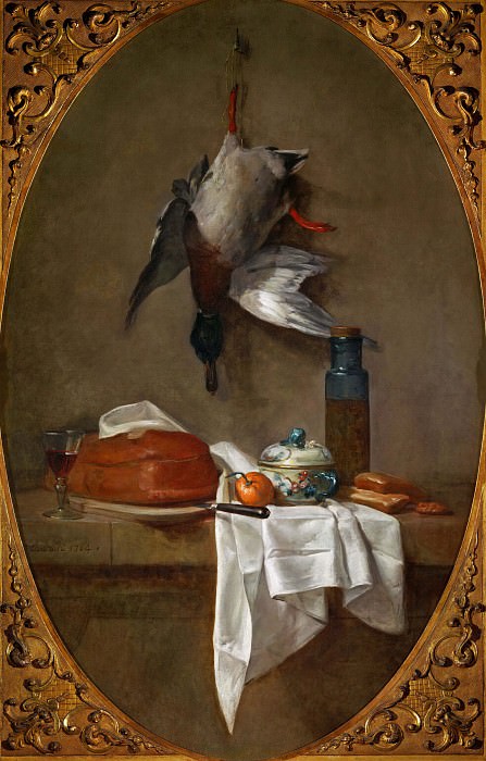 Натюрморт с уткой, пирогом, чашей и емкостью с оливками, Жан-Батист Симеон Шарден