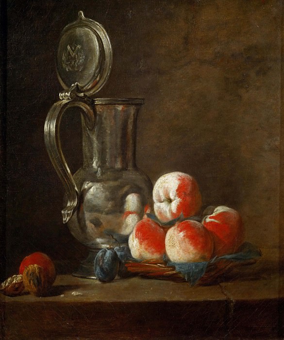 Оловяный кувшин с персиками, сливами и орехом, Жан-Батист Симеон Шарден