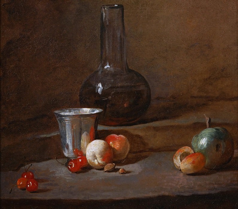 Carafe of Wine, Silver Goblet, Five Cherries, Two Peaches, an Apricot and a Green Apple