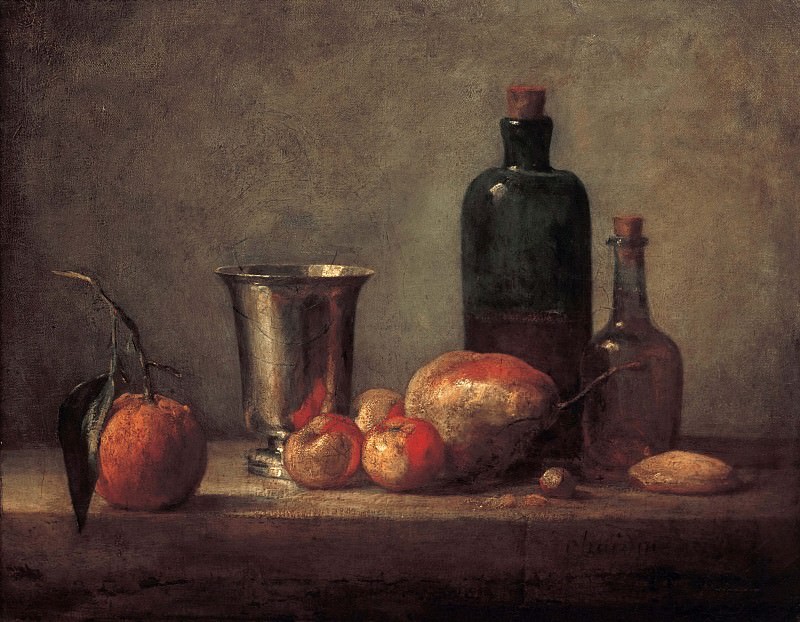 Натюрморт с померанцем, серебряным кубком, яблоками, грушей и двумя бутылками, Жан-Батист Симеон Шарден