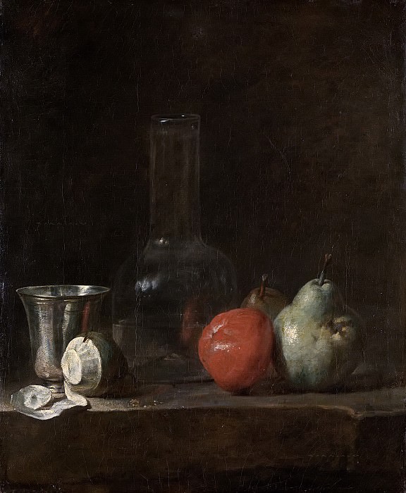 Still life with glass bottle and fruit