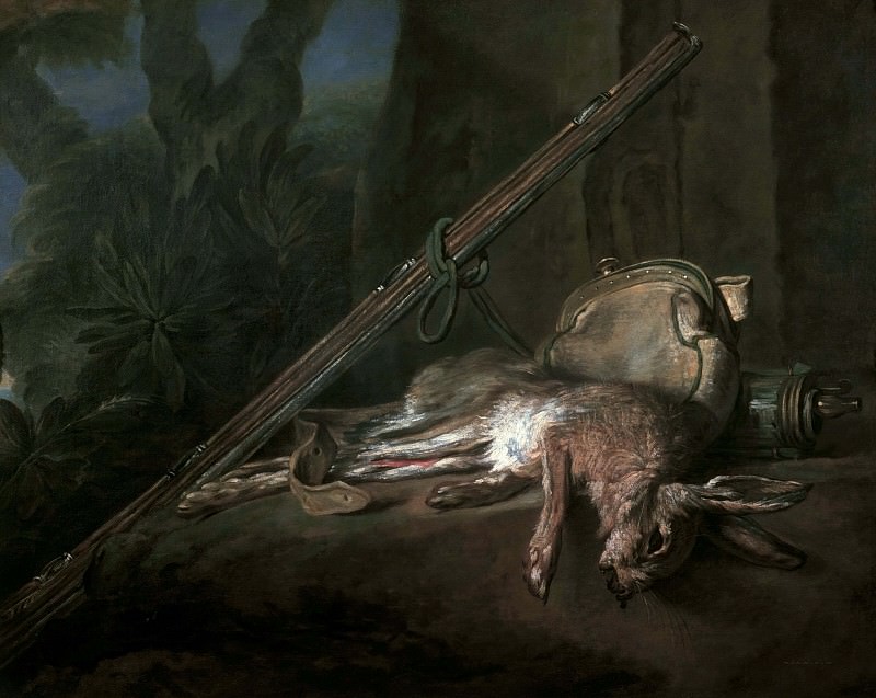 Dead Hare with Gun, Hunt Satchel and Powder Horn