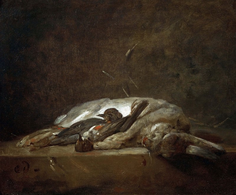 A hare, two dead thrushes, a few stalks of straw on a stone table
