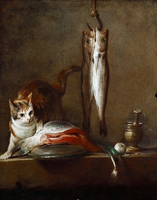A cat with a piece of salmon,two mackerels, mortar and pestle