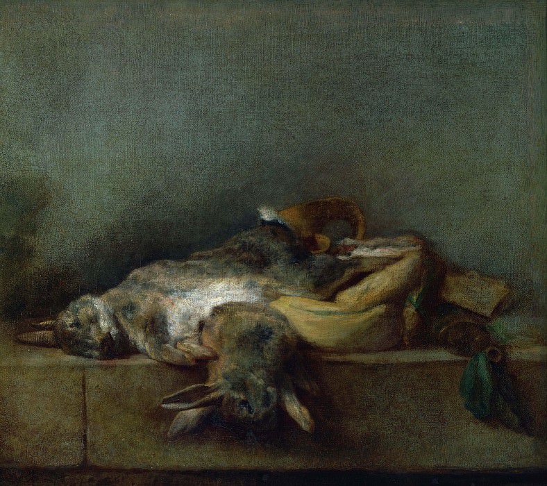 Still Life with two Rabbits, a Gamebag and a Powder Horn, Jean Baptiste Siméon Chardin