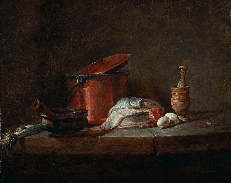 Кухонная утварь с луком, рыбой и яйцами, Жан-Батист Симеон Шарден