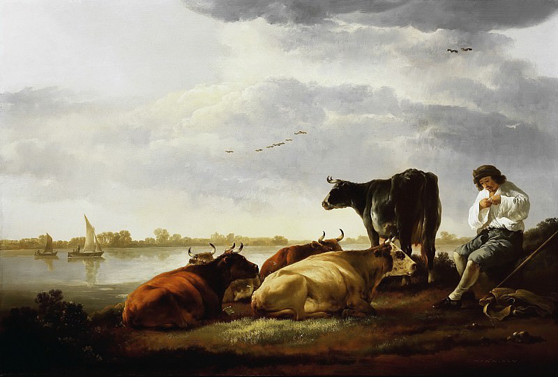 Shepherd with cows on river bank, Aelbert Cuyp