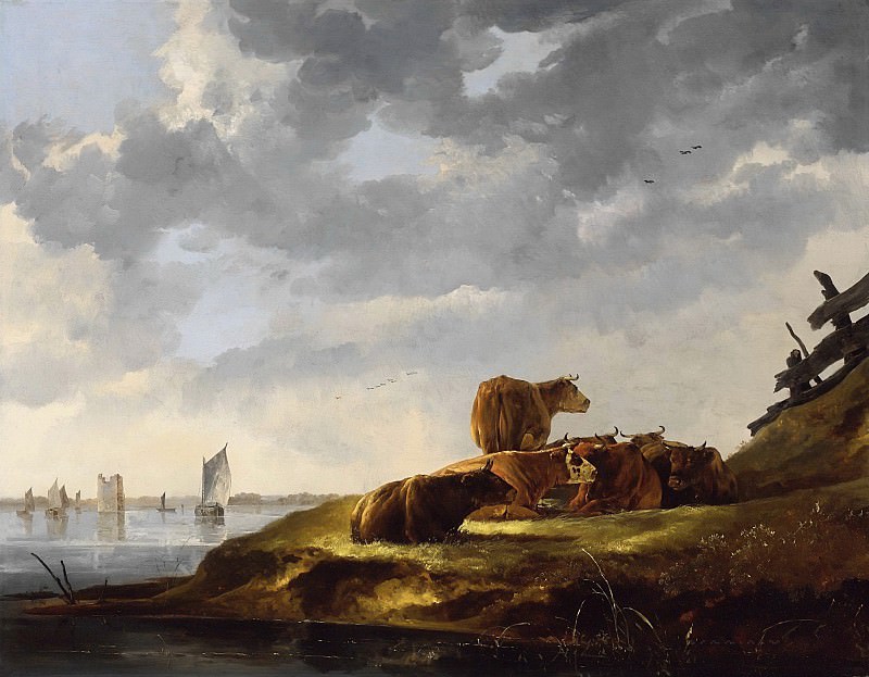 Пейзаж с семью коровами у реки и руинами башни Мерведе, Альберт Кёйп